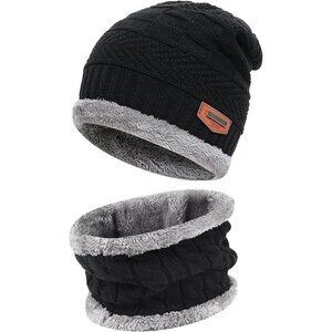 🆕 Kids Black Toddler Winter Warm Knit Beanie Hat Neck Scarf Set Fleece Cap Gift